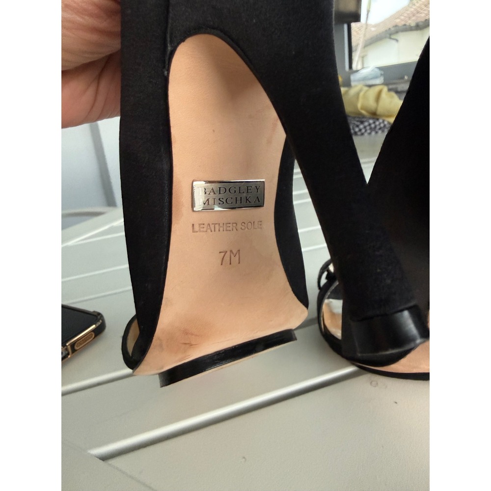 Badgley Mischka Black Satin Crystal Embellished Open Toe Pumps Heels Womens 7M - Picture 6 of 10
